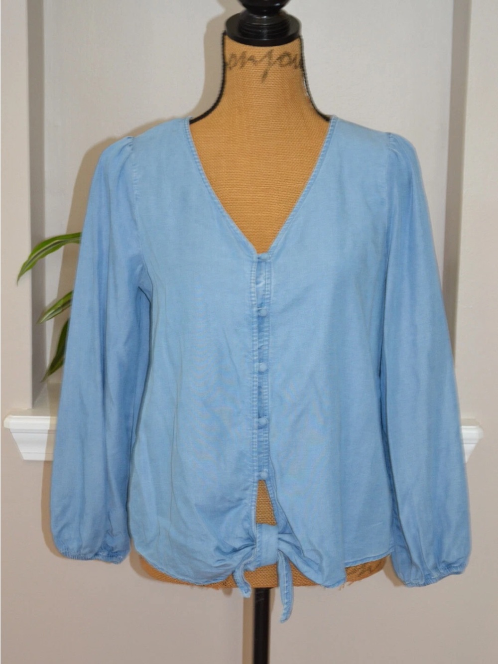 LOFT Sky Blue V-Neck Button Front Tie-Hem Blouse